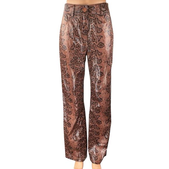 PrettyLittleThing Brown Snakeskin Leather Straight High Waisted Trousers Pants 4 - Picture 1 of 6
